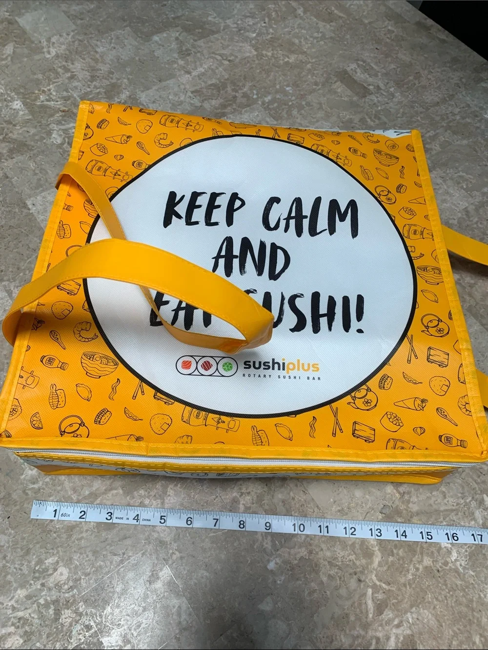 Stylish Yellow 'Keep Calm and Eat Sushi' Reusable Tote Bag. Pre-Owned.Sz:10x10x5
